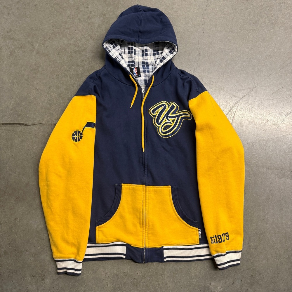 UNK NBA Utah Jazz Full Zip Hoodie Navy Yellow Plaid Lined Varsity Sweatshirt L